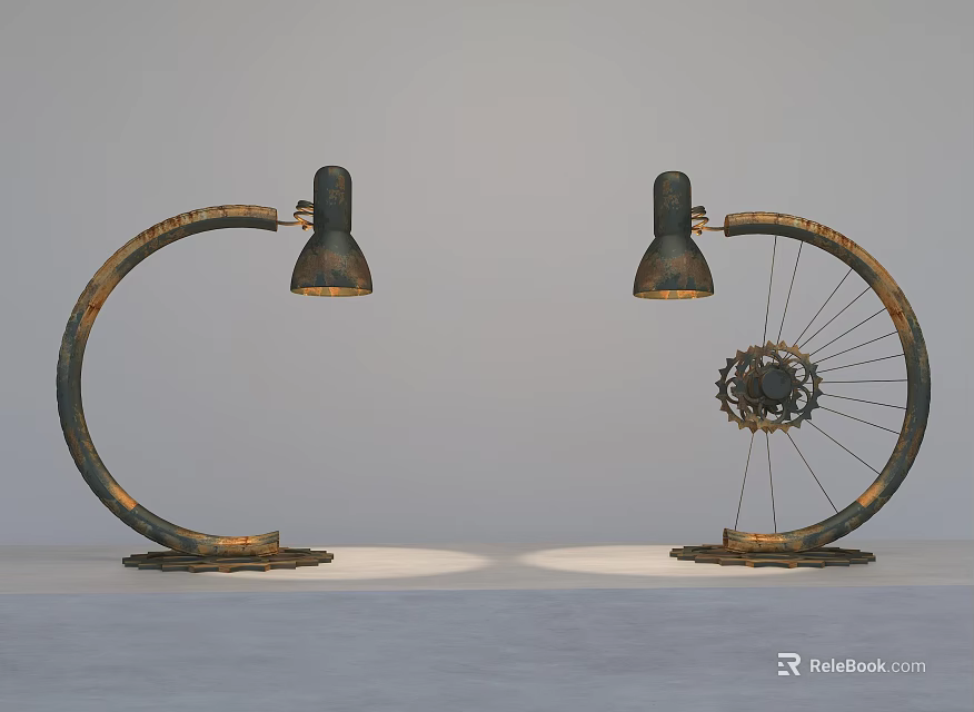 Two Industrial Style Floor Lamps With Curved Arm And Bicycle Wheel Design 3d model 