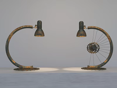 Two Industrial Style Floor Lamps With Curved Arm And Bicycle Wheel Design 3d model