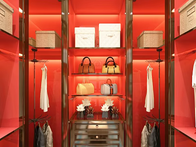 Daily Living Items in Red Walk-in Closet with Hanging Clothes Handbags and Storage Baskets 3d model