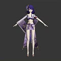 Fantasy Anime Character With Purple Hair In Kimono And Fox Spirit Creature 3d model