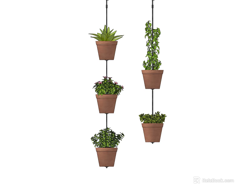 Stylish Hanging Basket Plants with Brown Pots and Lush Green Foliage for Home Decor 3d model 