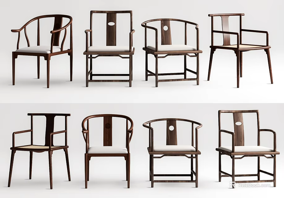Multiple Wooden Armchairs With Different Designs Upholstered Seats And Backrest Styles 3d model 