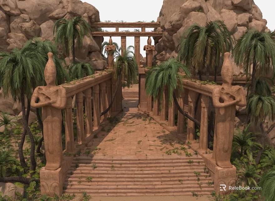 Tall Palm Trees Surrounding Ancient Stone Bridge With Elephant Statues Stone Pillars And Rocky Terrain 3d model 