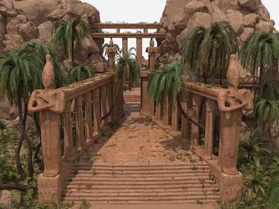 Tall Palm Trees Surrounding Ancient Stone Bridge With Elephant Statues Stone Pillars And Rocky Terrain 3d model