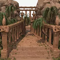 Tall Palm Trees Surrounding Ancient Stone Bridge With Elephant Statues Stone Pillars And Rocky Terrain