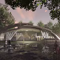 Modern Curved Sculpture Installation Outdoor With Trees Stone Wall And Water Feature