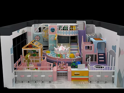 Colorful Indoor Playground With Slide Small House Round Structure Bar Counter And Stools 3d model