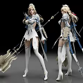 Two Female Characters In White Blue Armor With Weapons Long Hair High Heels Black Background
