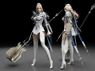 Two Female Characters In White Blue Armor With Weapons Long Hair High Heels Black Background 3d model