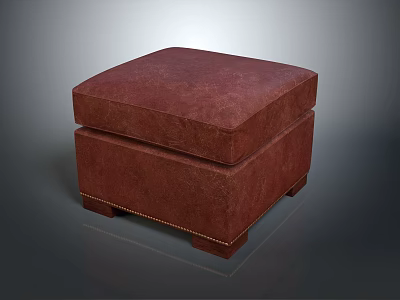 Brown Leather Square Ottoman With Stitching Detail And Wooden Legs 3d model