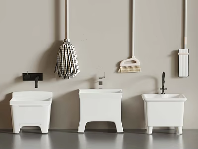 White Mop Sinks With Hanging Cleaning Tools On Light Wall Background 3d model