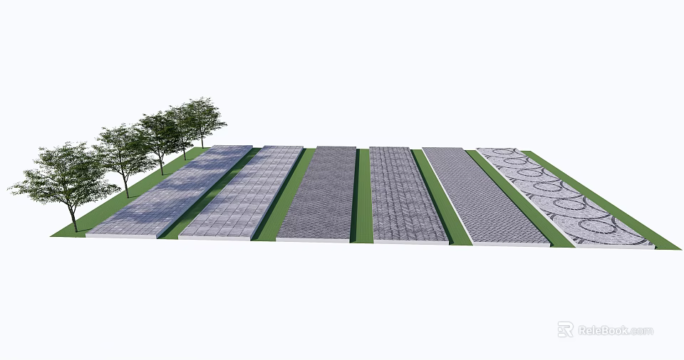 Garden Ornamental Pathway Design With Various Paved Materials Green Lawns And Trees 3d model 