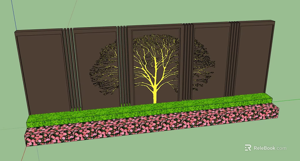 Feature Wall with Tree Pattern Design Surrounded by Green Lawn and Pink Flowers 3d model