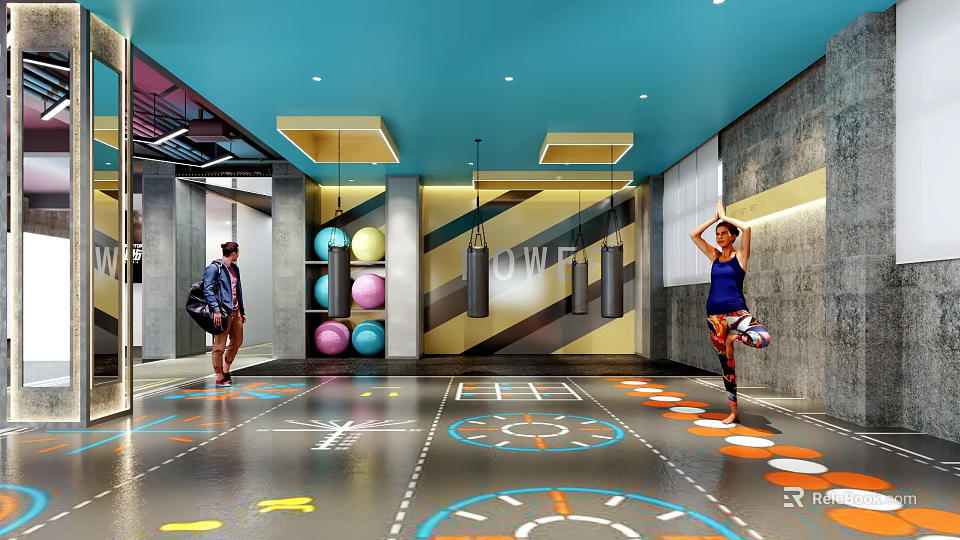 Fitness Studio With People Exercising Colorful Exercise Balls Punching Bags Blue Ceiling And Floor Markings 3d model 