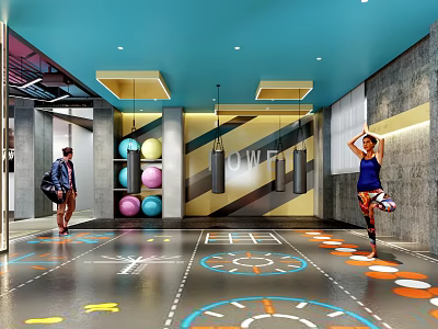 Fitness Studio With People Exercising Colorful Exercise Balls Punching Bags Blue Ceiling And Floor Markings 3d model