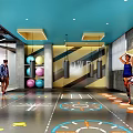 Fitness Studio With People Exercising Colorful Exercise Balls Punching Bags Blue Ceiling And Floor Markings