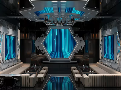 Modern KTV Interior With Blue LED Screens Sofa Seats And Tech Style Design 3d model