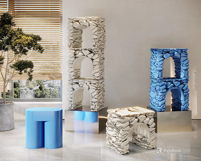 Creative Sculptural Artworks With Blue And Beige Stacked Arch Structures In Modern Interior Space 3d model 
