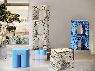 Creative Sculptural Artworks With Blue And Beige Stacked Arch Structures In Modern Interior Space 3d model