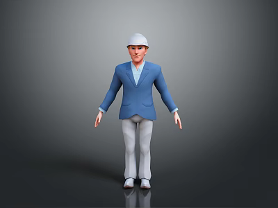 Man Wearing White Safety Helmet Blue Suit And White Pants On Gray Background 3d model