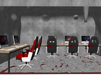 Industrial Style Office Interior With Multiple Office Desks Computer Monitors And Red White Chairs 3d model