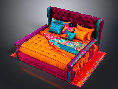 Plush Purple Headboard Bed With Orange Mattress Colorful Pillows And Red Orange Rug 3d model