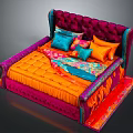 Plush Purple Headboard Bed With Orange Mattress Colorful Pillows And Red Orange Rug