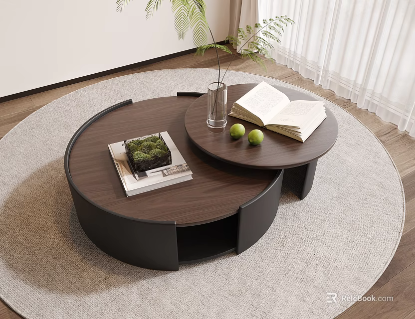 Round Coffee Table With Wooden Top Black Frame Open Book Green Apples Glass Vase On Gray Rug 3d model 