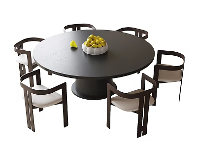 Modern Round Black Dining Table with Six Wooden Frame White Cushion Chairs and Fruit Bowl 3d model