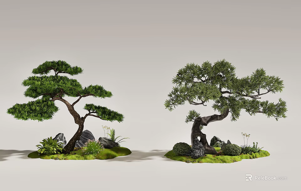 Artistic Bonsai Pine Trees With Stones Grass And Natural Elements 3d model 