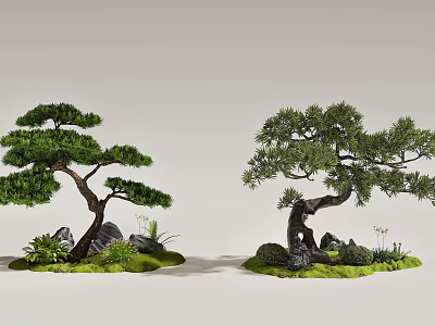 Artistic Bonsai Pine Trees With Stones Grass And Natural Elements 3d model