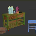 Vintage Rustic Wooden Furniture With Table Chair Basket And Decorative Items