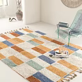 Colorful Square Rug With Geometric Pattern Tassel Edges And Transparent Acrylic Chair