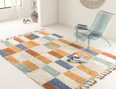 Colorful Square Rug With Geometric Pattern Tassel Edges And Transparent Acrylic Chair 3d model