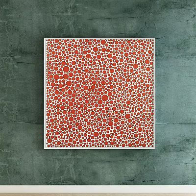Abstract Painting Vibrant Red Dots of Diverse Sizes in White Frame Against Gray Wall Background 3d model