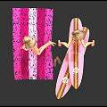 Blonde Dolls In Pink Swimwear Sitting On Pink Striped Mat And Gold Accent Surfboard