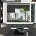 Modern Living Room Interior With Sofas Coffee Table Bookshelf Green Plants And City View Window