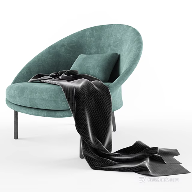 Teal Velvet Lounge Chair With Cushion And Black Blanket On Black Legs 3d model 