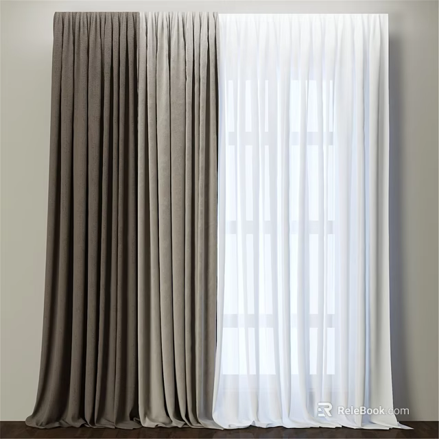 Brown Velvet Curtains And White Sheer Drapes For Home Window Decoration 3d model 