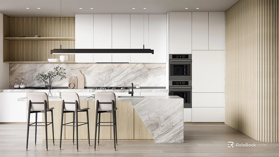 Modern Kitchen Interior With White Cabinets Wooden Accents Marble Island And Bar Stools 3d model 