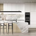 Modern Kitchen Interior With White Cabinets Wooden Accents Marble Island And Bar Stools