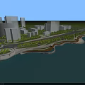 Urban Waterfront Park Landscape With Curved Walkway Greenery And Modern Buildings