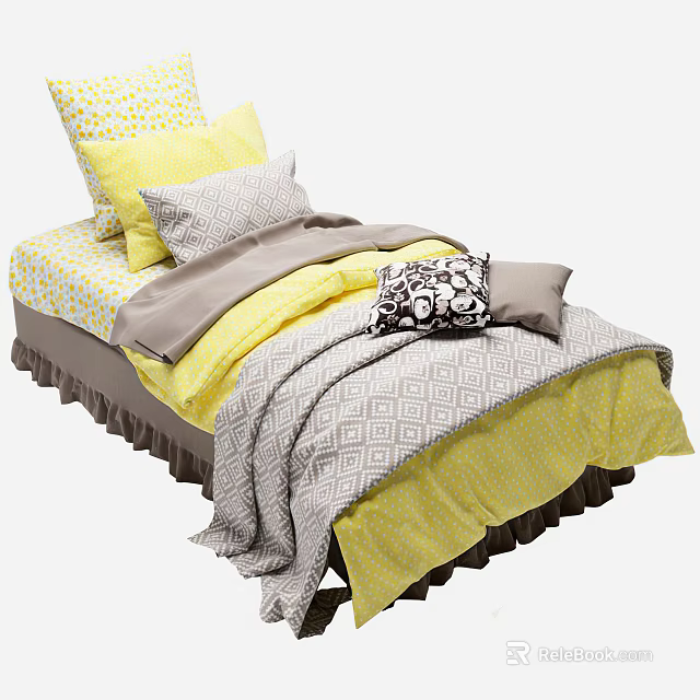Cozy Single Bed With Yellow Gray Bedding Polka Dot Pillows And Geometric Pattern Ruffle Trim 3d model