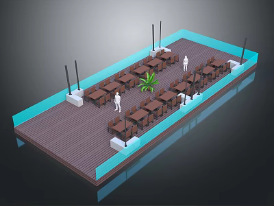 Cartoon Outdoor Dining Scene With Wooden Flooring Brown Tables Green Plant And Lamp Posts 3d model