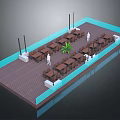 Cartoon Outdoor Dining Scene With Wooden Flooring Brown Tables Green Plant And Lamp Posts
