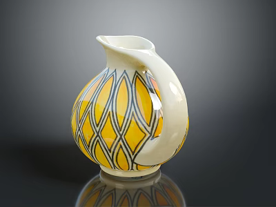 Ceramic Sculpture Vase with Yellow White Geometric Pattern Spherical Shape Curved Handle and Spout 3d model