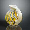 Ceramic Sculpture Vase with Yellow White Geometric Pattern Spherical Shape Curved Handle and Spout