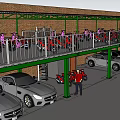 Multi Level Parking Structure Featuring Brick Wall Green Metal Frame Spiral Staircase Platform Parked Cars