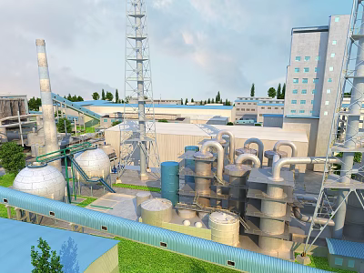 Industrial Plant Exterior Featuring Factory Buildings Chimney Tall Tower Pipes Storage Tanks and Green Areas 3d model