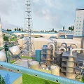 Industrial Plant Exterior Featuring Factory Buildings Chimney Tall Tower Pipes Storage Tanks and Green Areas